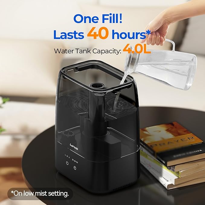 Top Fill Humidifiers for Bedroom, 4.0L Tank Cool Mist Humidifiers for Large Room, 40H Runtime, 28dB Quiet Ultrasonic Air Humidifier for Home, Plants with 9H Timer, Aroma Tray