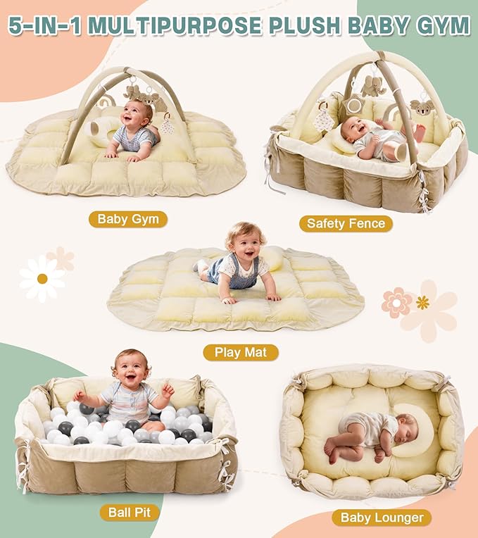 5-in-1 Baby Play Gym and Tummy Time Mat, Tummy Time Pillow & 12 Learning Cards, Plush Activity Mat with 6 Toys, Baby Gym, Convertible to Ball Pit & Pet Bed, Baby Gift, Cream