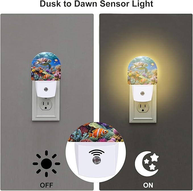 Sea Turtle in Coral Reefs Night Light, Underwater World Marine Fish Corals Dusk to Dawn Night Light Plug in,0.5w Energy Saving Sleep Friendly NightLight for Kids Boys Girls Home Decor
