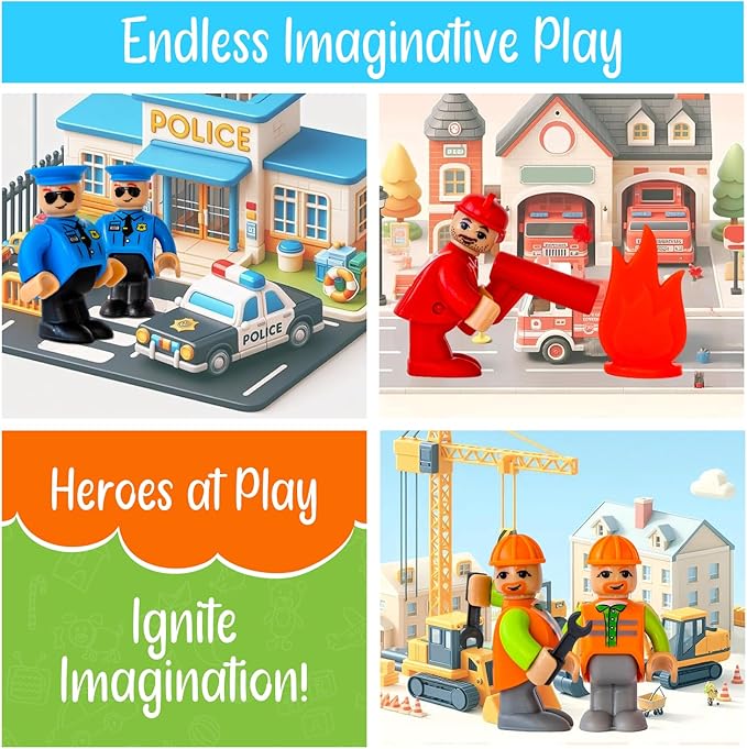 FUNERICA Toy Figures & Playsets - Firefighter, Police Officer, Construction Worker, with Parts - Play People Figures for Toddlers & Kids - Little People Toy Figurines