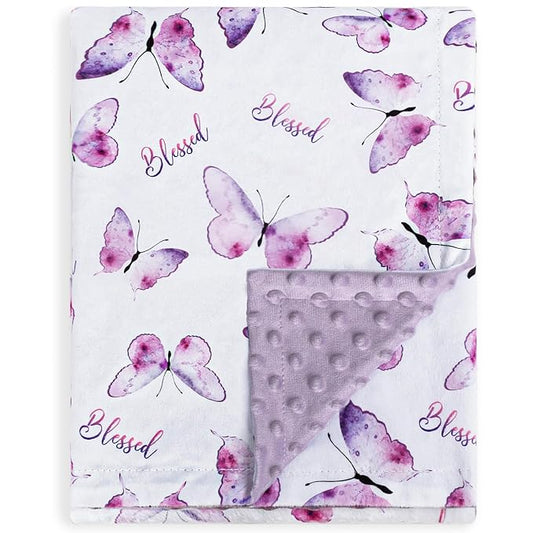 BORITAR Baby Blanket for Girls Soft Plush Minky Fabric, Double Layer Dotted Backing with Elegant Purple Butterfly Printed Blessed Blanket Gift for Toddler Newborn Infant 30 x 40 Inch(75x100cm)