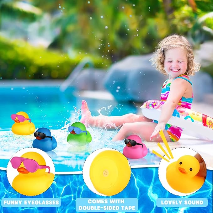 Chivao 12 Pcs Rubber Ducks with 12 Sunglasses/ Hats/ Headwear Small Mini Carnival Cruise Birthday Rubber Duckies Bathtub Toys in Bulk(Stylish Style,Bright Colors)