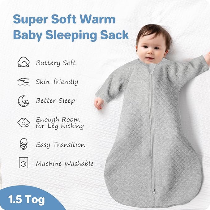 Cozy Baby Sleep Sack with Sleeves for Easy Transitioning Soft Cotton Warm 3-6 Months 1.5 Tog, Soft and Comfortable Wearable Blanket, 2-Way Zipper, Unisex Newborn Babies, Girls and Boys Sleeping Bag