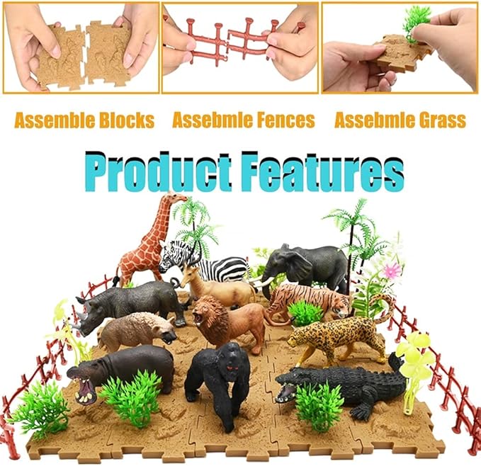 65PCS Safari Animals Figures Toys, Realistic Plastic Jungle Zoo Wild Animals with Fence Building Blocks Storage Box Christmas Birthday Gift for Kids 3-8