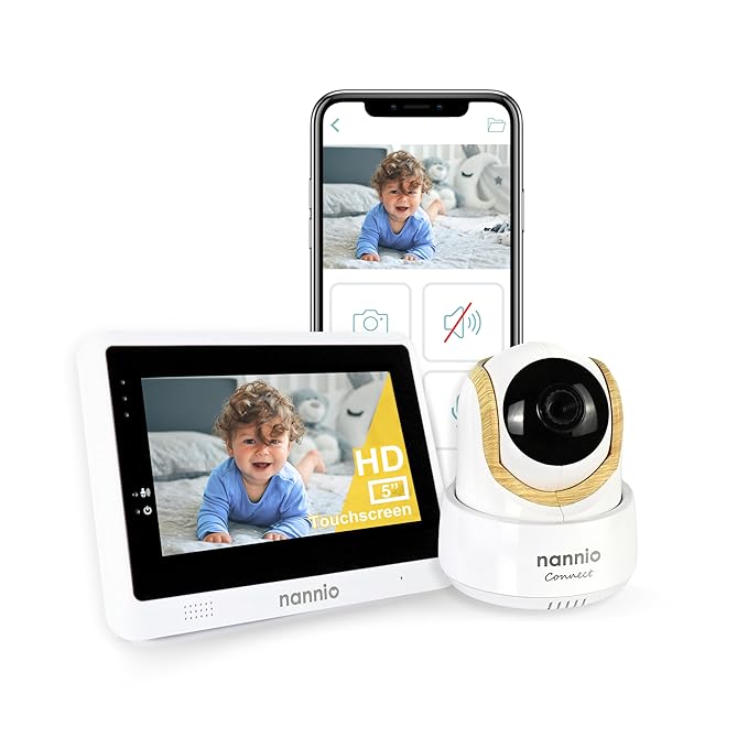 nannio-Connect 5'' Touchscreen Smart Baby Monitor, HD WiFi Camera, Clear Night Vision, Temp. Sensor, Fully Remote Pan Tilt Zoom, 2-Way Audio, Free Smart Phone App, Works with iOS, Android, Ideal Gift