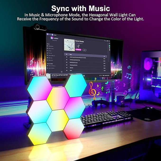 OJQ 8 Pack Hexagon Lights Wall RGB Panel - Hexagonal Led Lights Room Decor Wall Lights Smart APP Music with Sync Honeycomb Shape Panels Hexagon Gaming Night Lights for Bedroom Children