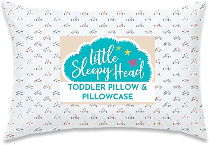Little Sleepy Head Toddler Pillow with Pillowcase 13x18 - Kids Pillow for Sleeping - Better Neck Support Ergonomic Pillow and Toddler Pillowcase - Best Pillows for Kids (Bicycles)