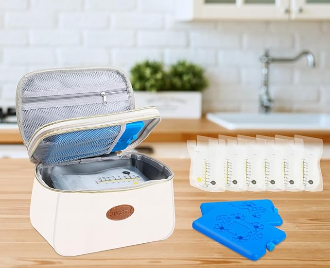 PIIOSER Breast Milk Cooler Bag with 2 Ice Pack, Fit 6 Freeze Breastmilk Storage Bags Up to 8Oz, Insulated Baby Bottles Tote Bag for Daycare and Breastfeeding Mom, Black(Cream-XS)