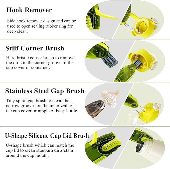 4 in 1 Cup Lid Cleaning Brush Set Multifunctional Bottle Brush Cleaner Tiny Bottle Cup Lid Brush Straw Cleaner Tools Mini Silicone Bottle Cup-Holder Cleaner with Hook Remover Blue Green Grey