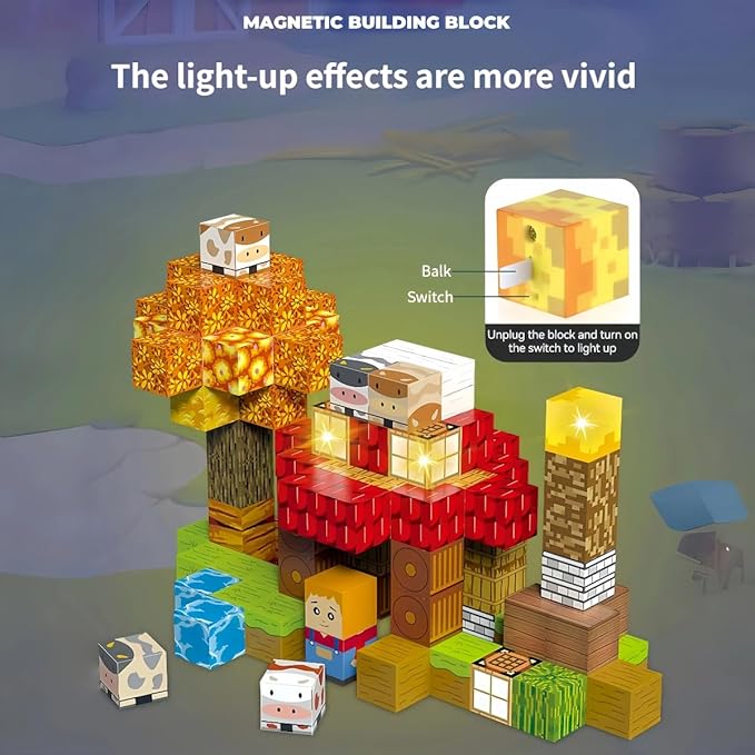 100 Pcs Magnetic Building Blocks, Enhance STEM Learning, Creative Play & Logical Thinking, Durable & Vibrant Color with Light Up Blocks, Ideal for Classroom & Screen-Free Entertainment (Farm)