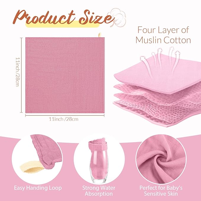 Preboun 6 Pcs Muslin Hooded Baby Towels and Washcloths 32"x 32" Cotton Newborn Bath Towel Anti-Shrink Infant Baby Blankets with Hood 12"x 12" Washcloths for Girl Boy Toddler(Pink,Dark Purple)