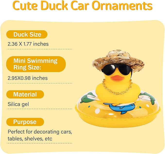 wonuu Car Rubber Duck, Yellow Duck Decoration Dashboard with Sun Hat Swim Ring Necklace Sunglasses for Car Dashboard Decorations