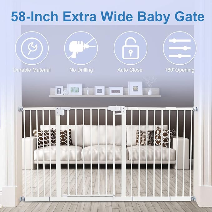 Kinfant Extra Wide Baby Gate - 58-Inch White Doorway & Stair Gate, Tall & Adjustable Extension Pressure Pet Gate, with Extension Kit, Pressure Mount Kit, Wall Cups