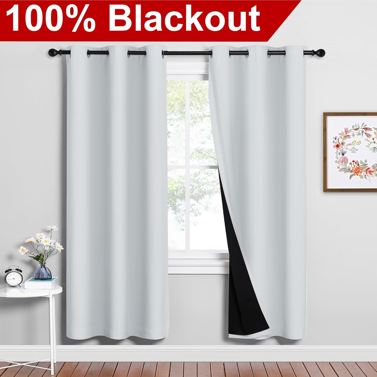 NICETOWN 100% Blackout Window Curtain Panels, Greyish White, 2 Pieces, 42-inch Wide Per Panel, Full Light Blocking Drapes with Black Liner for Nursery, 72-inch Drop Thermal Insulated Draperies