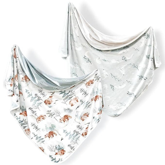 GRSSDER Baby Blankets 2 Pack Super Soft Jersey Knit Swaddle Blankets for Baby Girls and Boys, Double Layer Receiving Blankets 34 x 44 Extra Large for Swaddling, Bear & Snow Wolf