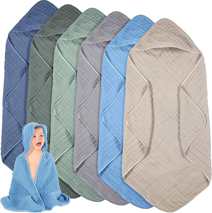 Peryiter 6 Pcs Muslin Hooded Baby Towels, 32"x 32" Cotton Newborn Bath Towel Muslin Infant Baby Blankets Absorbent Unisex Newborn Registry Gift Essentials for Girls Boys (Green Series)