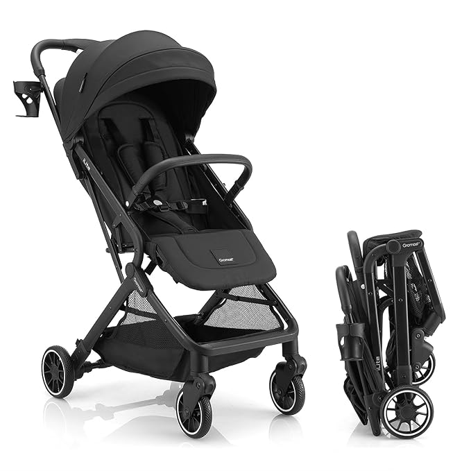 Compact Fold Baby Stroller, Lightweight Travel Toddler Stroller with One-Click Fold, Extendable UPF50+ Canopy, Cup Holder, UV Protected and Waterproof, One-Hand Folding - Black