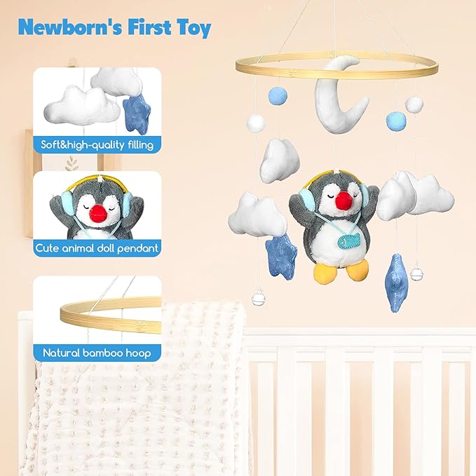 Baby Crib Mobile - Penguin Mobile for Crib, Handmade Furry Nursery for Boys and Girls, Baby Bassinet Mobile Toy - Shower Set for Infant Bedroom Hanging Decoration