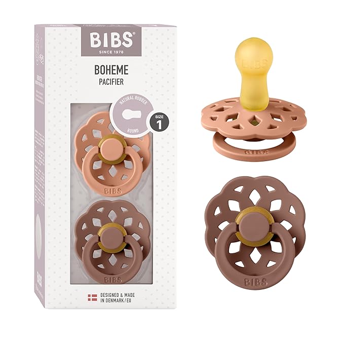 BIBS Pacifiers - Boheme Collection | BPA-Free Baby Pacifier | Made in Denmark | Set of 2 Peach/Woodchuck Color Premium Soothers | Size 0-6 Months