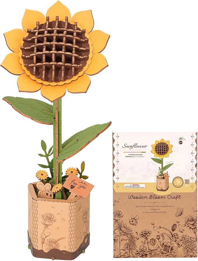 3D Flower Wooden Puzzles for Adults-Sunflower, DIY Wooden Flowers Model Kit Building Set Crafts for Adults to Build, Botanical Collection/Ideal Creative Gift Ideas/Housewarming (86PCS)