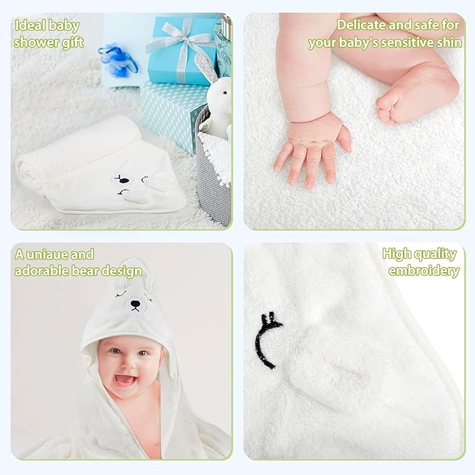 Baby Bath Towel,Ultra Soft Hooded Baby Towel,Toddler Bath Towels with Animal Design,Absorbent Baby Hooded Towel Shower Gifts for Baby Boys Girls,31.5x31.5 inch(White Bear)