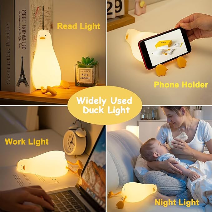 LED Lying Flat Duck Night Light, 3 Levels Dimmable Nursery Nightlight,Cute Lamps Silicone Squishy Light Up Duck, Rechargeable Bedside Touch Lamp for Breastfeeding Toddler Baby Kids Bedroom Office