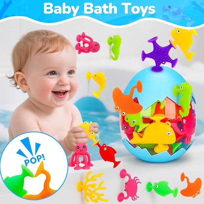 Toddler Suction Cup Bath Toys, Ocean Animal Bath Toys for Kids Ages 3-5 4-8 No Hole Mold Free Bathtub Toys for Toddlers 3-5 Kids Travel Window Building Toys for 3 4 5 Year Old Boys Girls Gifts
