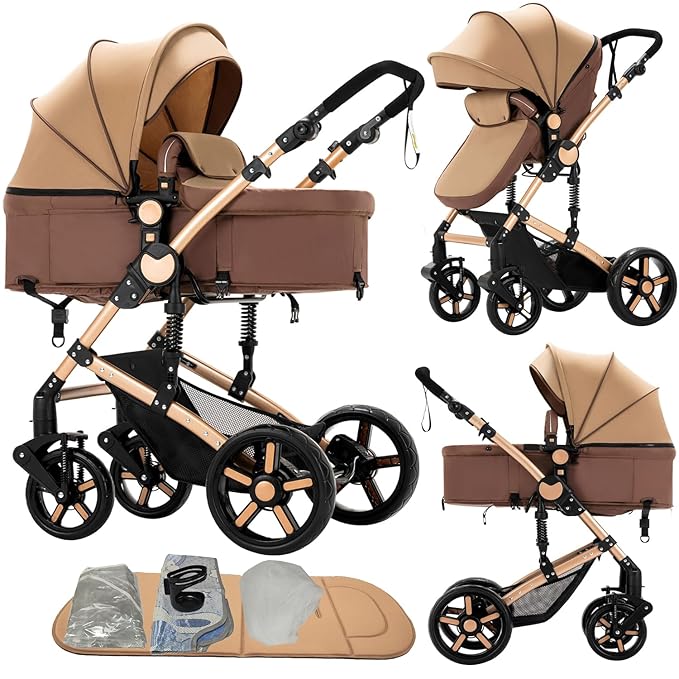 2 in 1 Baby Stroller, Convertible Pram, Reversible Standard Baby Stroller, Portable Baby Buggy, Infant Carriage, Foldable High Landscape Pushchair for Toddler Newborn (2US588-KHAKI)