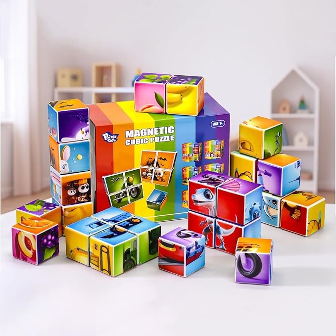 Magnetic Blocks for Toddler Toys, 6 Packs Total 24 PCS in 36 Patterns, Pack of 6 Random Themed Puzzles Bundle, Sensory Montessori STEM Travel Toys for Kids