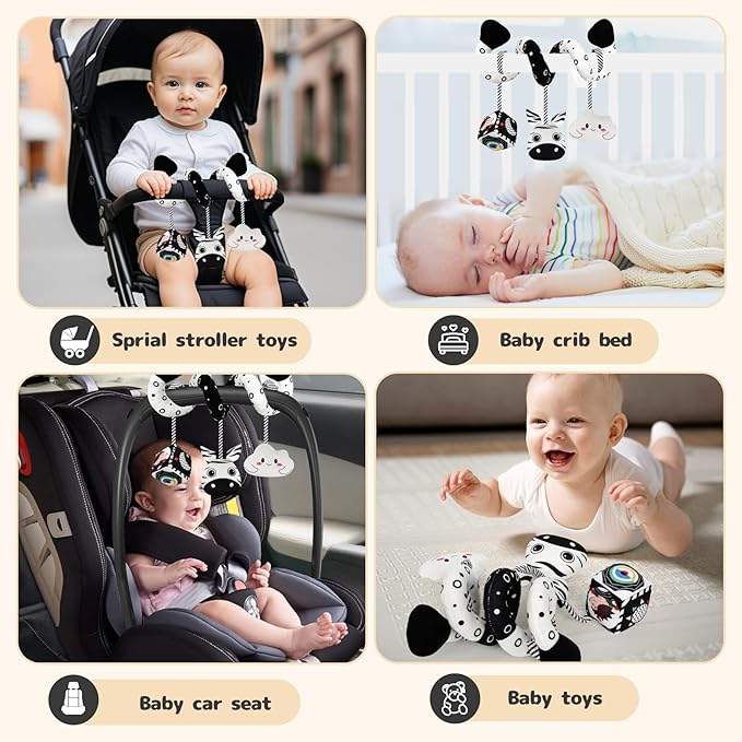 Car Seat Toys for Babies 0-6 Months,Hanging Rattle Toys for Crib Mobile, Baby Spiral Hanging Stroller Black and White High Contrast Toys for Newborn 0 3 6 9 12 Months Baby Boys Girls (Zebra)