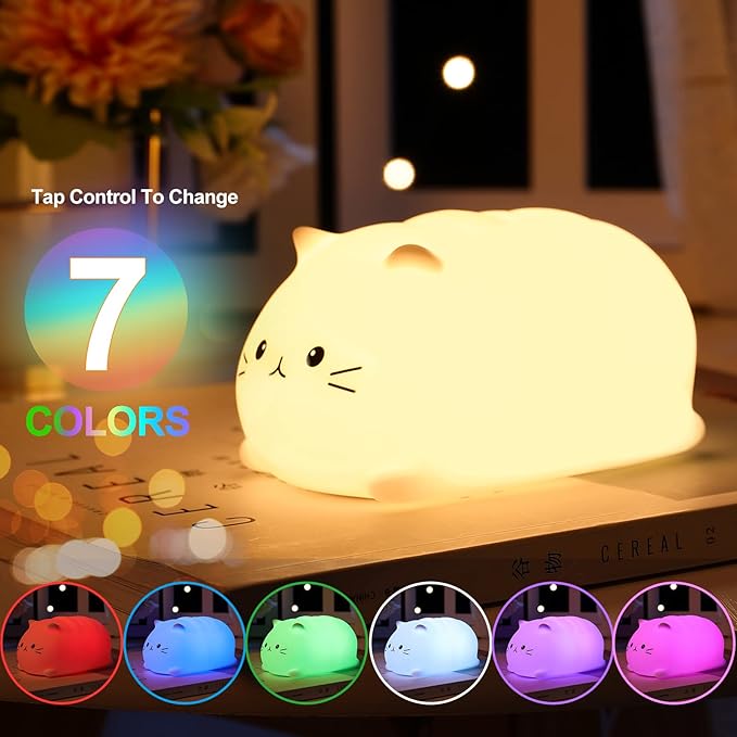 ZKLiLi Night Light, Cute Cat Nursery Lights USB Rechargeable Cat Lamp Nightlight Birthday Christmas Gift with Warm White and 7-Color Breathing Modes for Kids Baby Children (MBcat)
