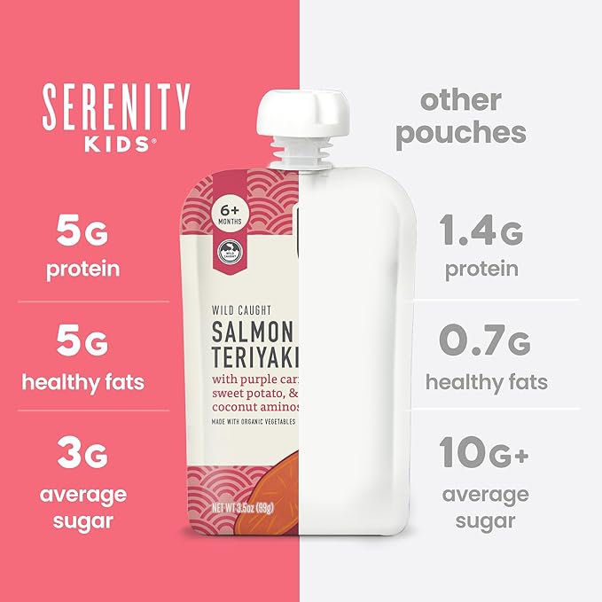 Serenity Kids 6+ Months Organic Baby Food Pouch - 3.5 oz, Pack of 12, Salmon Teriyaki - 5g Protein Nutrient-Packed Puree - Savory Salmon Teriyaki - No Added Sugar - On-The-Go Pouch for Baby Snacks