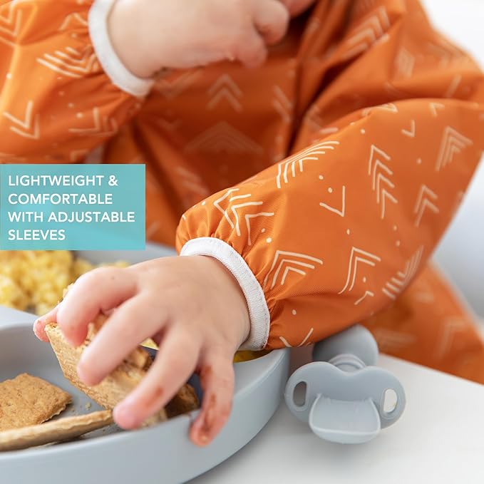 Bumkins Sleeved Bib for Girl or Boy, Baby and Toddler for 6-24 Mos, Essential Must Have for Eating, Feeding, Baby Led Weaning Supplies, Long Sleeve Mess Saving Food Catcher, Soft Fabric, Boho Orange