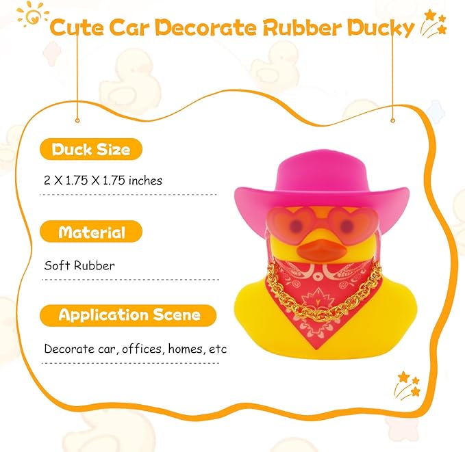 Quackly Pink Cowboy Rubber Duck, Car Dashboard Decoration Ducks with Cowboy Hat Necklace Sunglasses, Pink