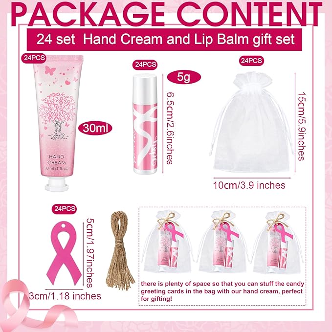24sets/96pcs Breast Cancer Awareness Gifts Bulk Breast Cancer Lip Balm and Hand Cream Gift for Women Pink Ribbon Travel Size Hand Lotion and Lip Balm Bulk with Organza Bags Tags