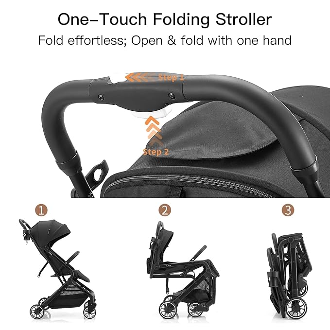Compact Fold Baby Stroller, Lightweight Travel Toddler Stroller with One-Click Fold, Extendable UPF50+ Canopy, Cup Holder, UV Protected and Waterproof, One-Hand Folding - Black