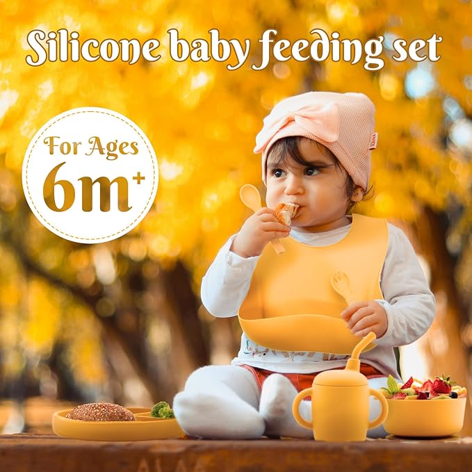 Silicone Baby Feeding Set 6 Pcs, Baby Led Weaning Supplies, Baby Feeding Supplies Set BPA Free, Baby Essentials for Newborn Gift Yellow