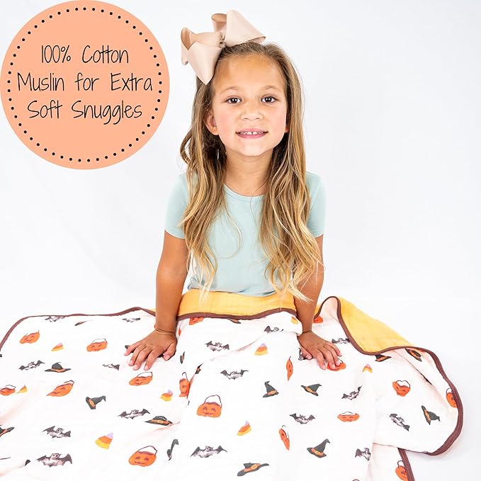 LollyBanks Muslin Baby Blanket 100% Organic Cotton, Muslin Quilt Lightweight, 6 Layers Soft Blanket Neutral, 47"x 47" Toddler Blankets for Girls and Boys (Pumpkin,Bat,Witch Hat/Halloween Print)