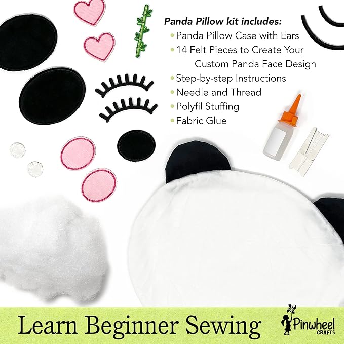 Pinwheel Crafts Beginner Sewing Kit for Kids 8-12 - Easy DIY Panda Pillow Kit - Learn to Sew - Kids Sewing Craft Gifts - Make Your Own Stuffed Animal Panda Plush Toy