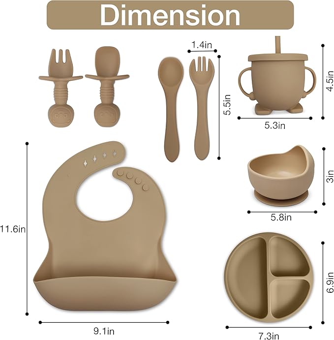 Baby Feeding Set 10-Piece | Baby Led Weaning Utensils Set Includes Suction Bowl and Plate, Baby Spoon and Fork, Sippy Cup, Straw, Lid & 2Bibs | Baby Feeding Supplies (B-Beige)