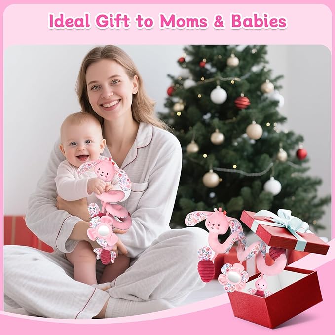 Hanging Car Seat Toys, Spiral Crib & Stroller Activity Toys with Rattles for Babies 0-6 Months, Baby Car Seat Accessories Toy for Developing Sensory & Motor Skills, Gift for Newborn Infant - Rabbit