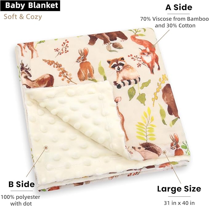 LifeTree Baby Blankets for Boys Girls, Soft Double Layer Swaddle Blankets, Muslin Front and Dotted Fleece Backing Receiving Bed Throw Blanket for Newborn Unisex, 31X40 Inches, Woodland