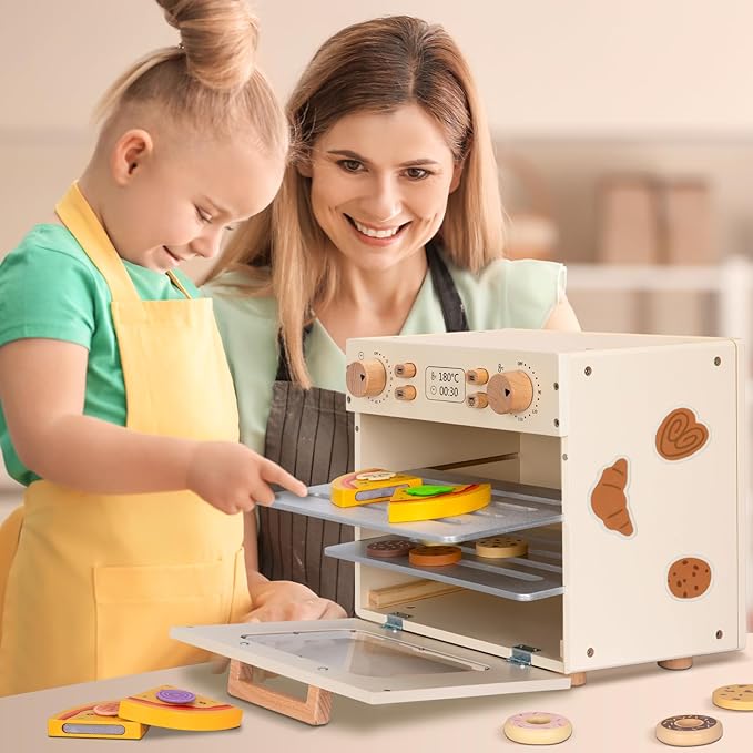 OOOK Wooden Kids Oven, Pretend Play Oven for Toddlers with DIY Stickers, Kitchen Play Set Accessories with Push-Pull Baking Tray. Ideal Choice for Boys and Girls Aged 3+