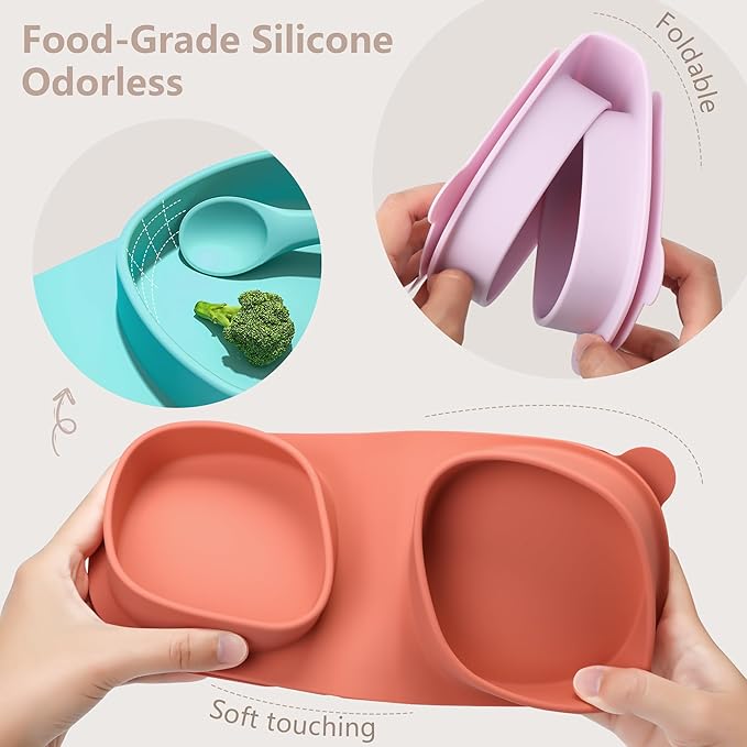 Silicone Foldable Novelty Dinner Plates,Suction Plates for Baby Travel Essential with Forks and Spoons,Microwave & Dishwasher Safe,Watermelon