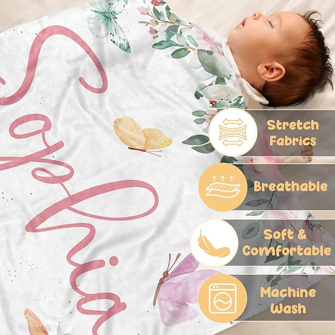 Personalized Baby Blanket for Girls, Custom Baby Blankets with Name, Soft Flannel Double Layer Receiving Swaddle Blanket, Pink Butterfly Monogram Birthday Gifts for Toddlers Infants (30"x40")