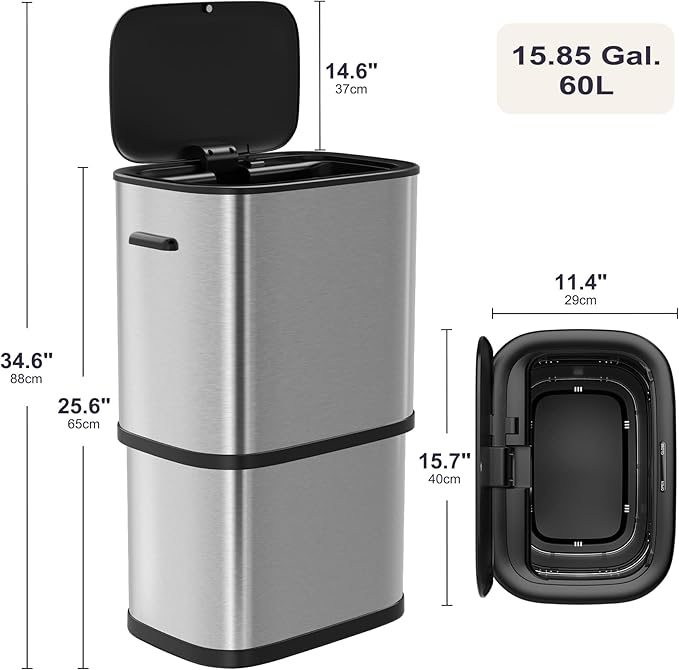 16 Gallon Kitchen Trash Can with Lid, 60L Touchless Motion Sensor Trash Can, Waterproof Brushed Stainless Steel Trash Bin, Automatic Garbage Can for Bedroom, Bathroom, Office, Living Room