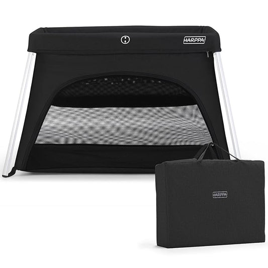 HARPPA Travel Crib with Comfy Mattress, Lightweight Portable Crib Requires No Assembly, Foldable Pack and Play for Baby and Toddlers, Compact Play Yard with Bed,Black