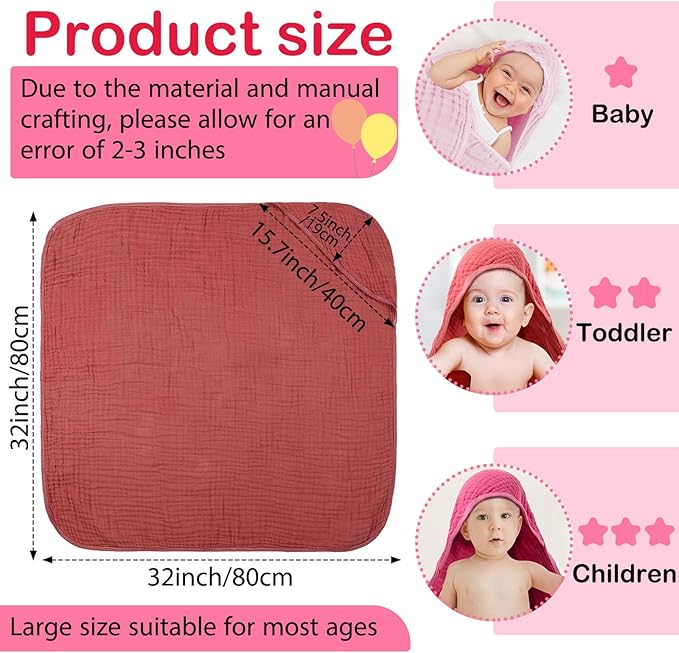 Peryiter 6 Pcs Muslin Hooded Baby Towels, 32"x 32" Cotton Newborn Bath Towel Muslin Infant Baby Blankets Absorbent Unisex Newborn Registry Gift Essentials for Girls Boys (Pink)