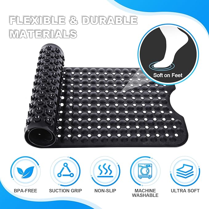 Linoows Bathtub and Shower Mats, 40x16 Inch Extra Large Non Slip Soft Bath Tub Mat with Suction Cups and Drain Holes for Bathroom Floor and Keep Tubs Clean, Machine Washable, Black