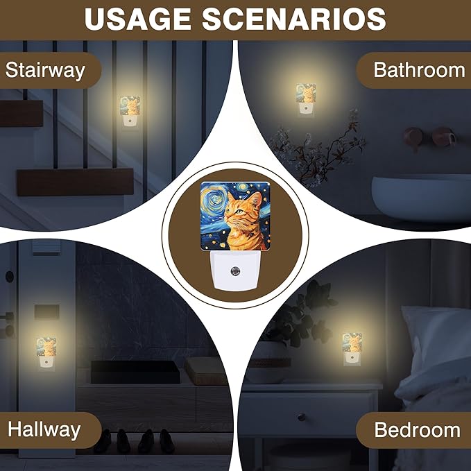 Night Light Orange Cat Watching Starry Night Night Lights Plug into Wall Smart Dusk to Dawn Sensor 0.5W Energy Efficient Led Lamp for Men Women Bedroom Bathroom Hallway Stairway Decor